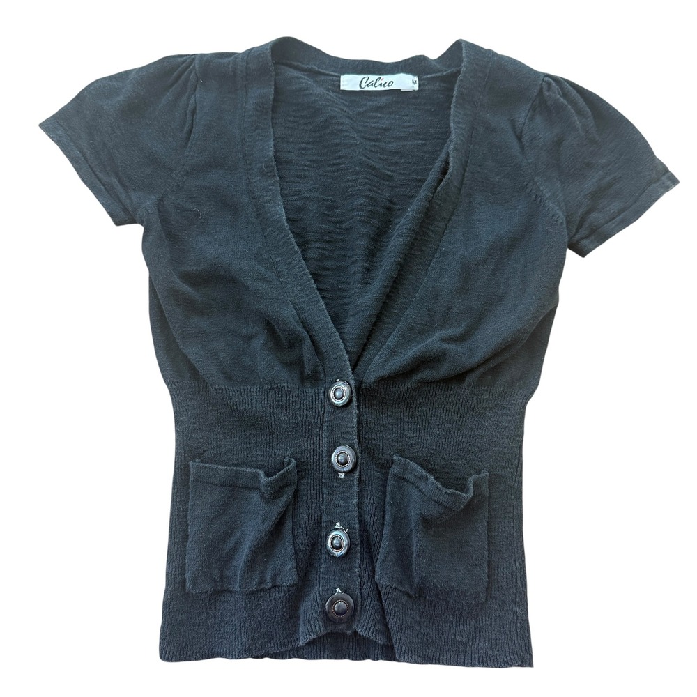 Calico Short Sleeve Ribbed Cropped Cardigan Cinched Waist Medium Black y2k noir